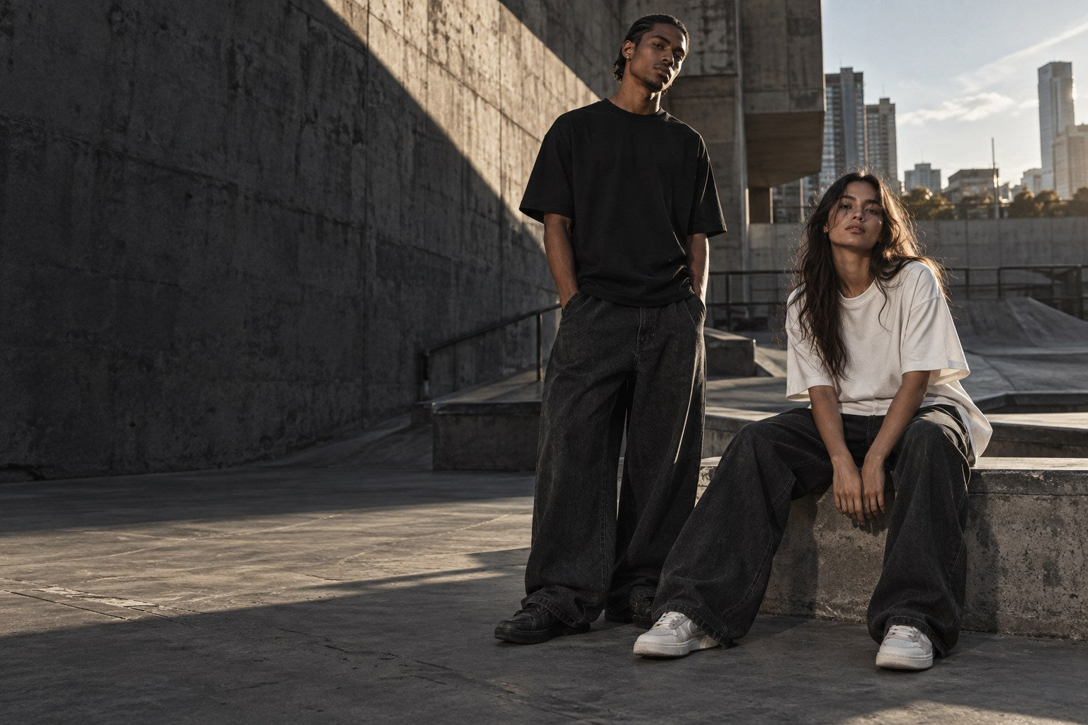 Campanha editorial streetwear em uma praça de concreto